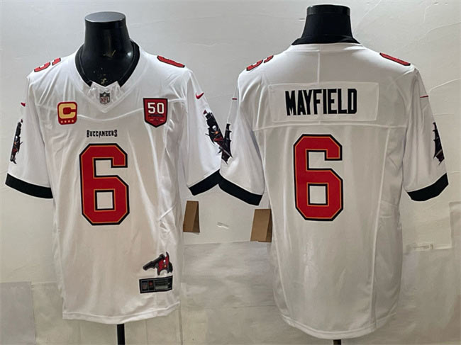 Men's Tampa Bay Buccaneers 6 Baker Mayfield White F.U.S.E. 50th Season & 4 Star C Patch Vapor Limited Football Stitched Jersey