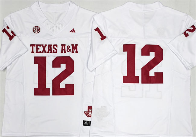 Men's Texas A&M Aggies Lions 12 Premier Strategy White 2025 F.U.S.E. Stitched Jersey