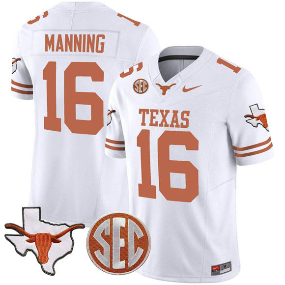 Men's Texas Longhorns 16 Arch Manning White F.U.S.E. Map & SEC Patch Vapor Limited V4 Stitched Jersey