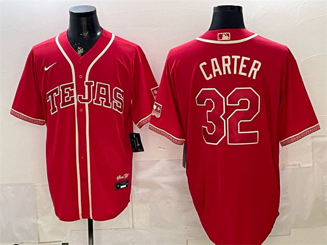 Men's Texas Rangers 32 Evan Carter Red 2026 City Connect Stadium Stitched Baseball Jersey