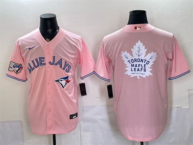 Men's Toronto Blue Jays & Leafs With White Leafs Logo Pink 50 Seasons Patch Stitched Baseball Jersey