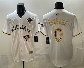 Men's Toronto Blue Jays 0 Andres Gimenez White Gold 2025 American League Champions Limited Jersey