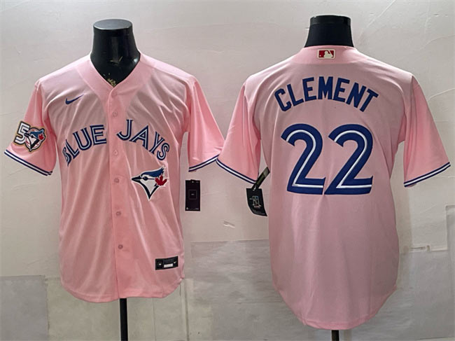 Men's Toronto Blue Jays 22 Ernie Clement Pink 50 Seasons Patch Stitched Baseball Jersey