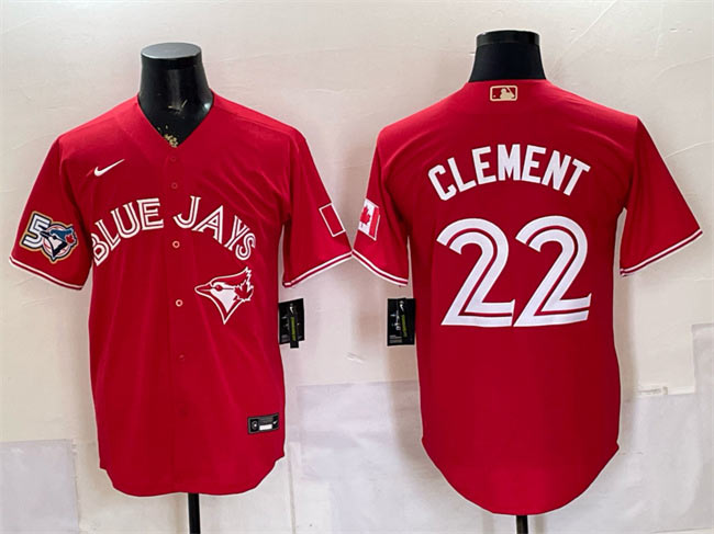 Men's Toronto Blue Jays 22 Ernie Clement Red 50 Seasons Patch Stitched Baseball Jersey