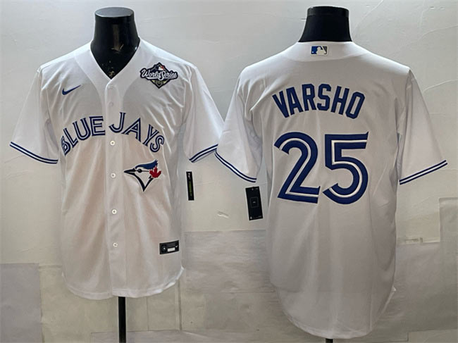 Men's Toronto Blue Jays 25 Daulton Varsho White 2025 World Series Home Cool Base Stitched Baseball Jersey