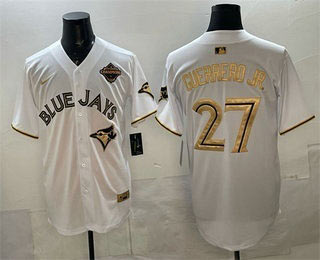 Men's Toronto Blue Jays 27 Vladimir Guerrero Jr White Gold 2025 American League Champions Limited Stitched Jersey
