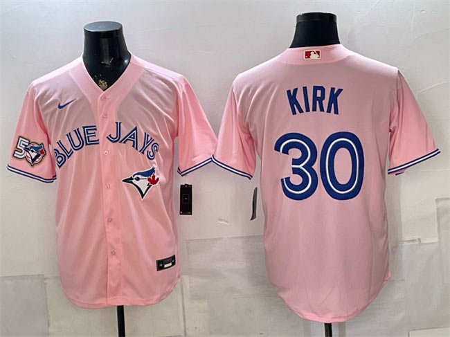 Men's Toronto Blue Jays 30 Alejandro Kirk Pink 50 Seasons Patch Stitched Baseball Jersey