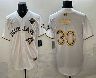 Men's Toronto Blue Jays 30 Alejandro Kirk White Gold 2025 American League Champions Limited Stitched Jersey