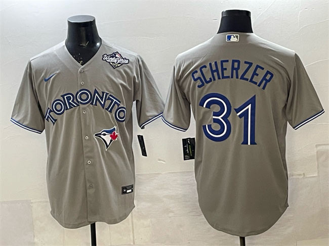Men's Toronto Blue Jays 31 Max Scherzer Gray 2025 World Series Cool Base Stitched Baseball Jersey