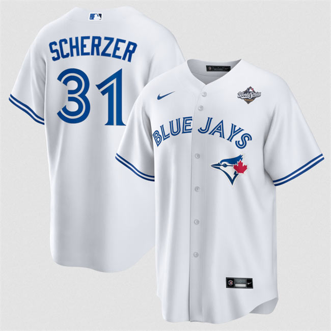 Men's Toronto Blue Jays 31 Max Scherzer White 2025 World Series Home Cool Base Stitched Jersey