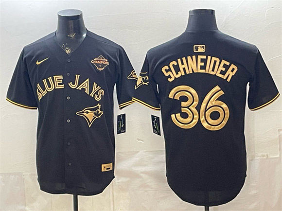 Men's Toronto Blue Jays 36 Davis Schneider Black Gold 2025 American League Champions Limited Stitched Baseball Jersey