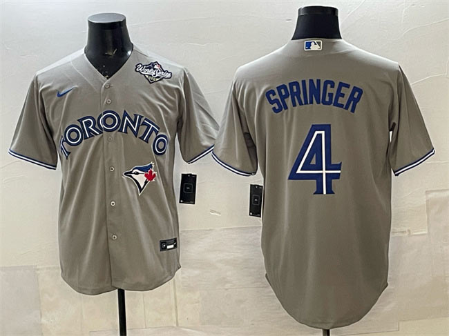 Men's Toronto Blue Jays 4 George Springer Gray 2025 World Series Cool Base Stitched Baseball Jersey