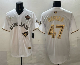 Men's Toronto Blue Jays 47 Addison Barger White Gold 2025 American League Champions Limited Stitched Jersey