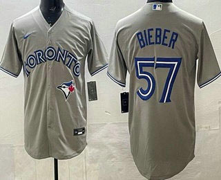 Men's Toronto Blue Jays 57 Shane Bieber Gray Cool Base Jersey
