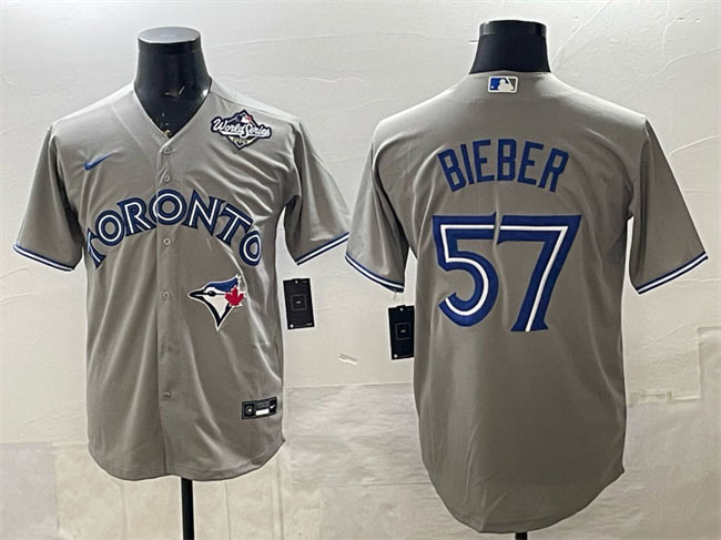 Men's Toronto Blue Jays 57 Shane Bieber Grey 2025 World Series Cool Base Stitched Baseball Jersey