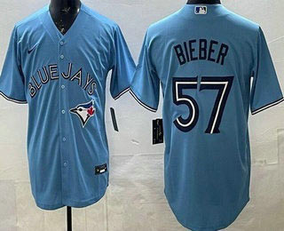 Men's Toronto Blue Jays 57 Shane Bieber Light Blue Cool Base Jersey