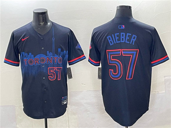 Men's Toronto Blue Jays 57 Shane Bieber Navy 2024 City Connect Limited Stitched Baseball Jersey