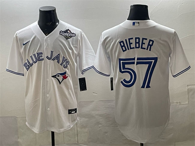Men's Toronto Blue Jays 57 Shane Bieber White 2025 World Series Home Cool Base Stitched Baseball Jersey