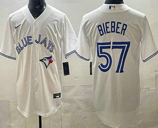 Men's Toronto Blue Jays 57 Shane Bieber White Cool Base Jersey