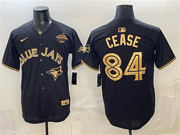 Men's Toronto Blue Jays 84 Dylan Cease Black Gold 2025 American League Champions Limited Stitched Baseball Jersey
