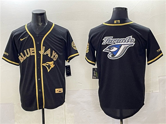 Men's Toronto Blue Jays Team Big Logo Black Gold Cool Base Stitched Jersey