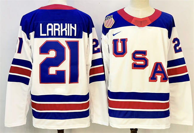 Men's USA 21 Dylan Larkin White 2025 2026 Stitched Jersey