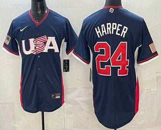 Men's USA 24 Bryce Harper Navy 2026 World Baseball Classic Cool Base Jersey