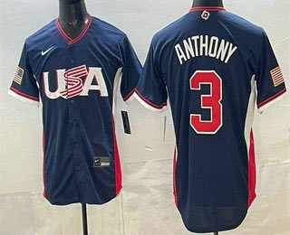 Men's USA 3 Roman Anthony Navy 2026 World Baseball Classic Cool Base Jersey