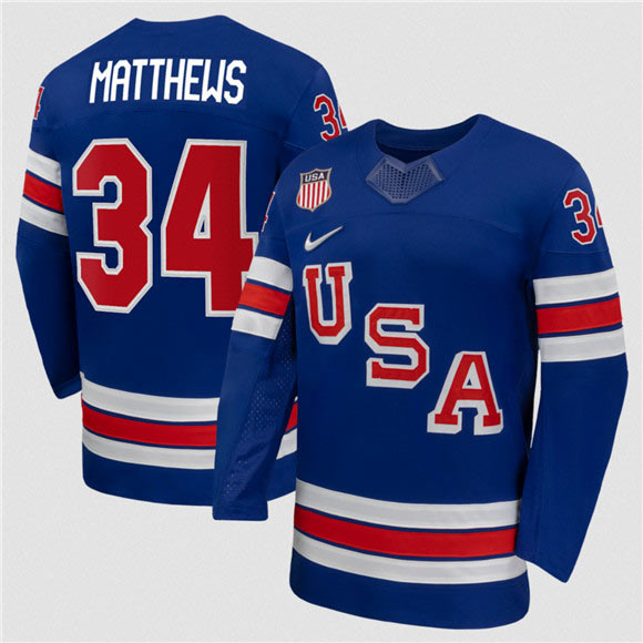 Men's USA 34 Auston Matthews Royal 2026 Stitched Jersey