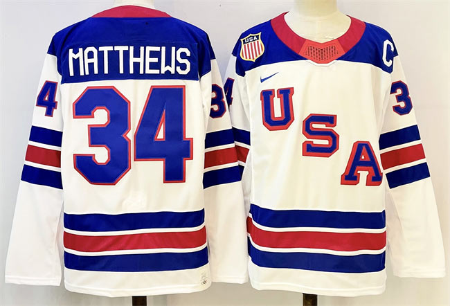 Men's USA 34 Auston Matthews White 2025 2026 With C Patch Stitched Jersey