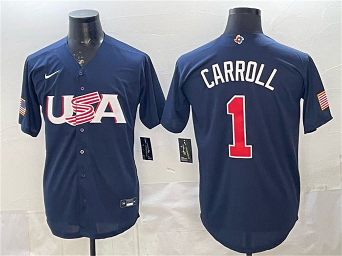 Men's USA Baseball 1 Corbin Carroll Navy World Baseball Classic Stitched Jersey