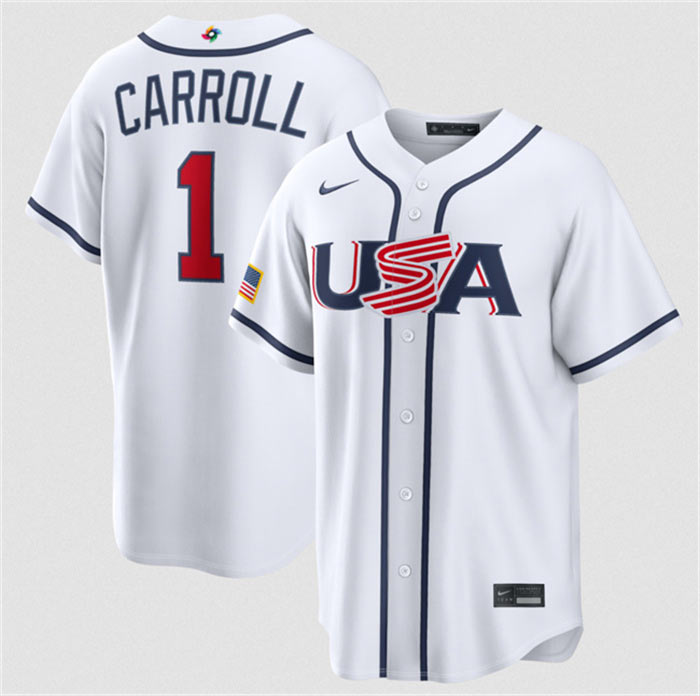 Men's USA Baseball 1 Corbin Carroll White 2026 World Baseball Classic Home Stadium Stitched Jersey