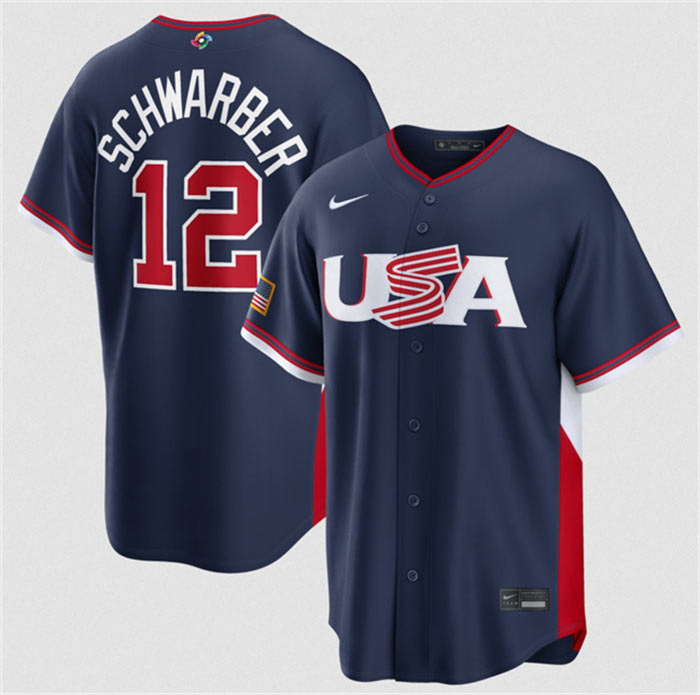 Men's USA Baseball 12 Kyle Schwarber Navy 2026 World Baseball Classic Road Stadium Stitched Jersey