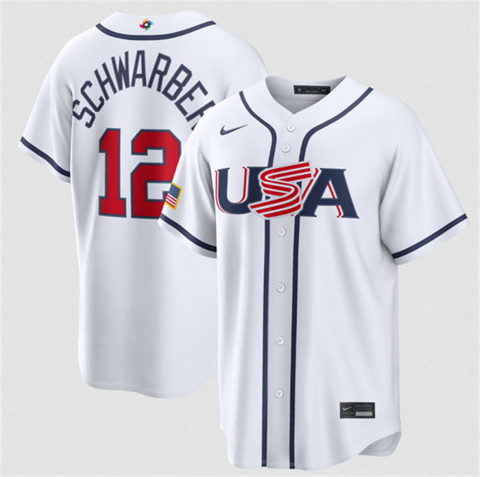 Men's USA Baseball 12 Kyle Schwarber White 2026 World Baseball Classic Home Stadium Stitched Jersey