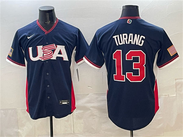 Men's USA Baseball 13 Brice Turang Navy 2026 World Baseball Classic Road Stadium Stitched Jersey