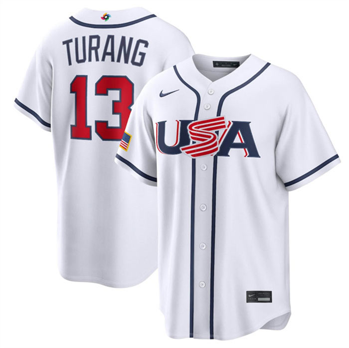 Men's USA Baseball 13 Brice Turang White 2026 World Baseball Classic Home Stadium Stitched Jersey