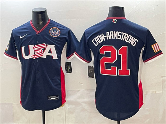 Men's USA Baseball 21 Crow Armstrong Navy 2026 World Baseball Classic United States 250th Anniversary Patch Road Stadium Stitched Jersey