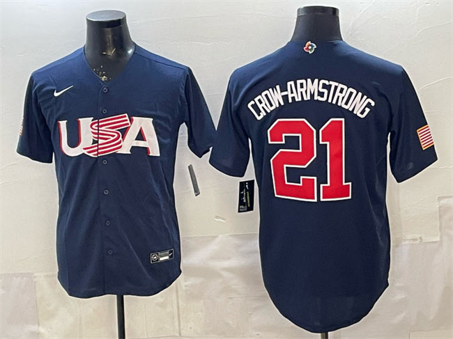 Men's USA Baseball 21 Pete Crow Armstrong Navy World Baseball Classic Stitched Jersey