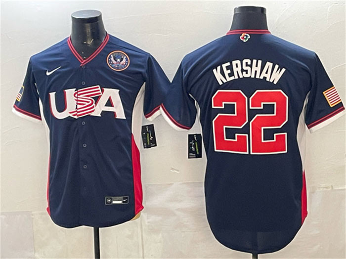 Men's USA Baseball 22 Clayton Kershaw Navy 2026 World Baseball Classic United States 250th Anniversary Patch Road Stadium Stitched Jersey