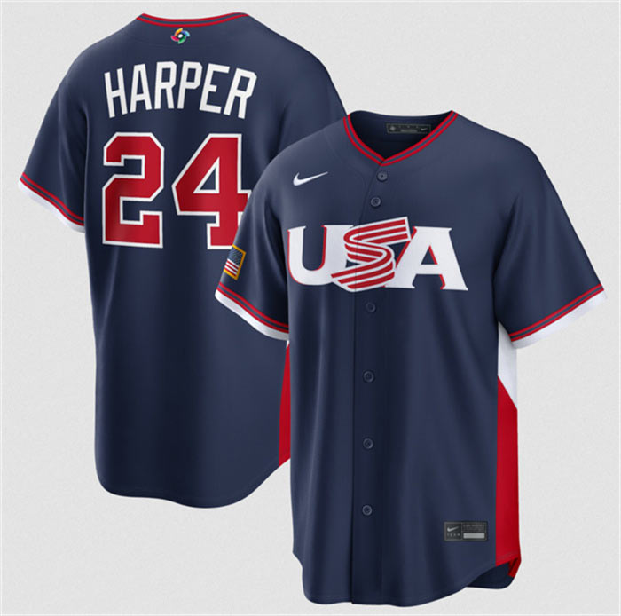 Men's USA Baseball 24 Bryce Harper Navy 2026 World Baseball Classic Road Stadium Stitched Jersey