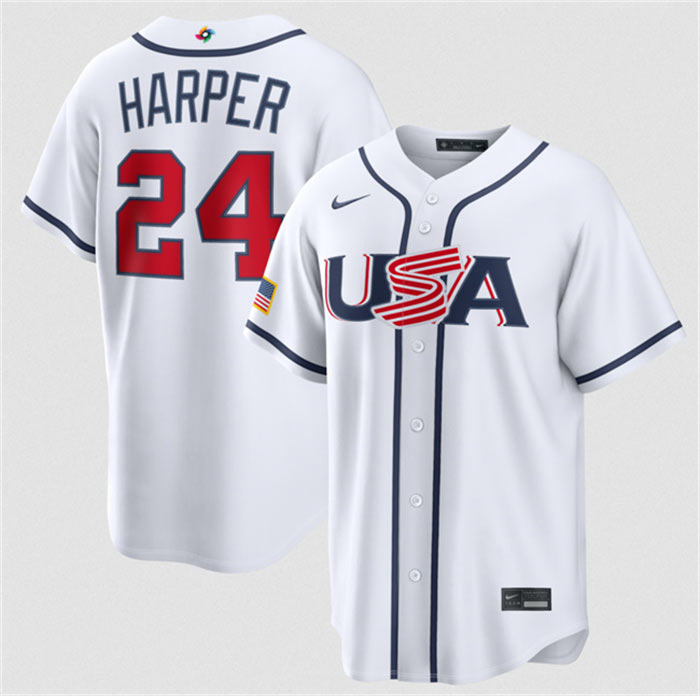 Men's USA Baseball 24 Bryce Harper White 2026 World Baseball Classic Home Stadium Stitched Jersey