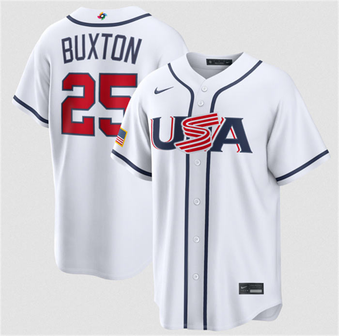 Men's USA Baseball 25 Byron Buxton White 2026 World Baseball Classic Home Stadium Stitched Jersey