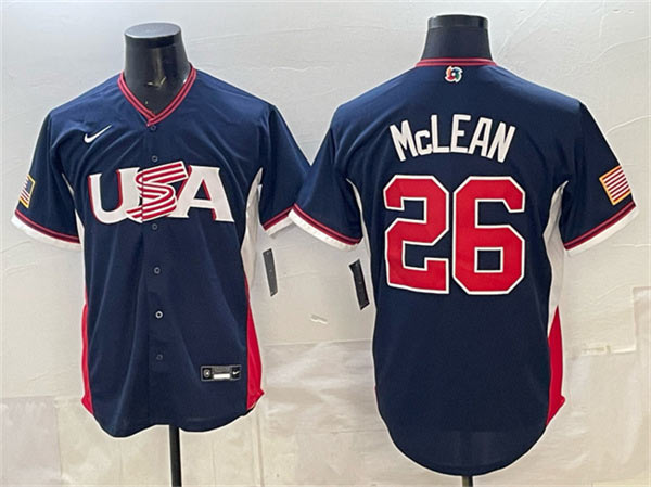 Men's USA Baseball 26 Nolan McLean Navy 2026 World Baseball Classic Road Stadium Stitched Jersey