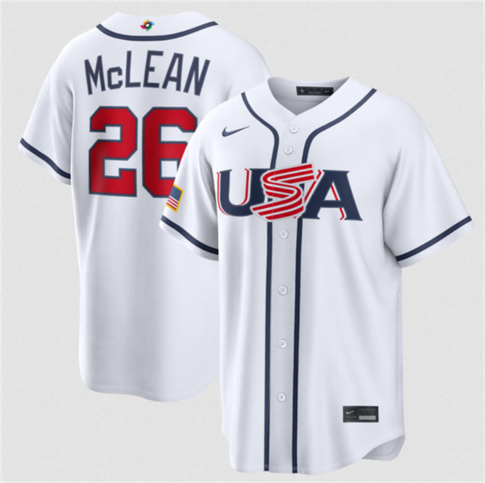 Men's USA Baseball 26 Nolan McLean White 2026 World Baseball Classic Home Stadium Stitched Jersey
