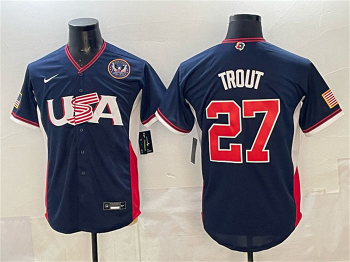 Men's USA Baseball 27 Mike Trout Navy 2026 World Baseball Classic United States 250th Anniversary Patch Road Stadium Stitched Jersey
