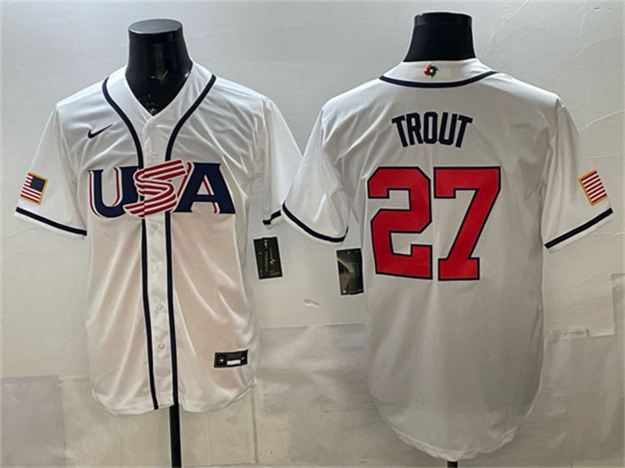Men's USA Baseball 27 Mike Trout White 2026 World Baseball Classic Home Stadium Stitched Jersey