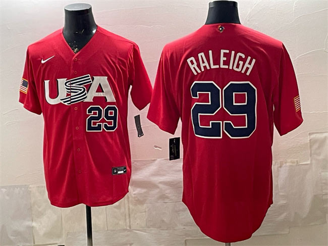 Men's USA Baseball 29 Cal Raleigh 2023 Red World Baseball Classic Stitched Jersey