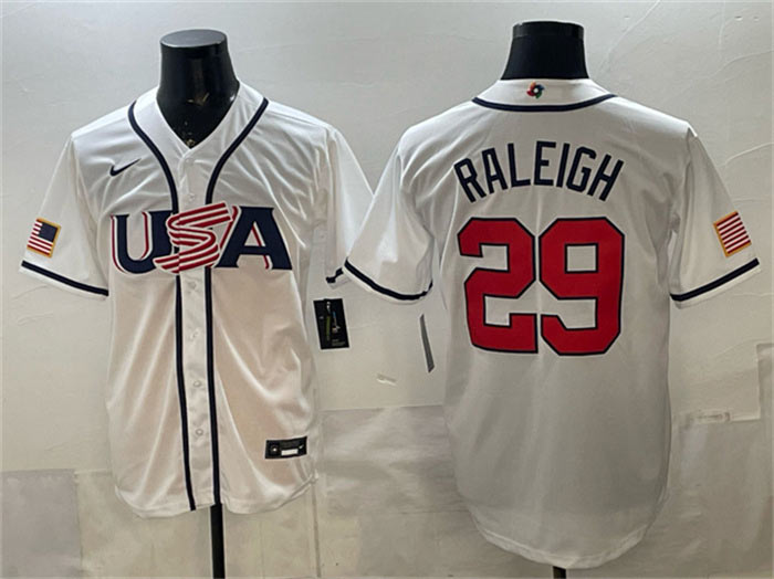 Men's USA Baseball 29 Cal Raleigh White 2026 World Baseball Classic Home Stadium Stitched Jersey