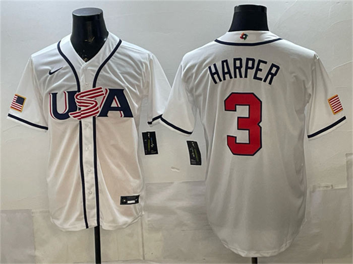 Men's USA Baseball 3 Bryce Harper White 2026 World Baseball Classic Home Stadium Stitched Jersey