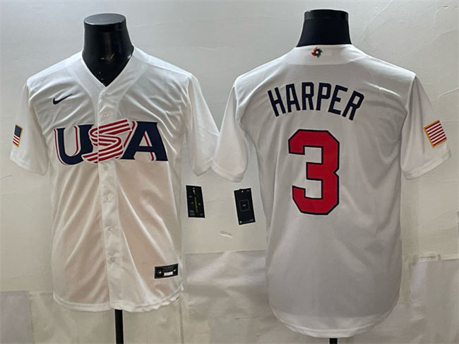 Men's USA Baseball 3 Bryce Harper White World Baseball Classic Stitched Jersey